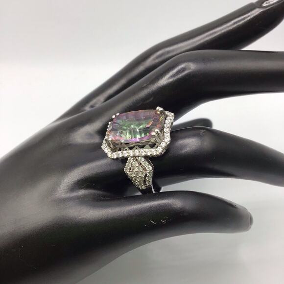 925 Sterling Silver Mystic Topaz CZ Halo Cocktail Ring Size 7.5 Multicolor - Picture 7 of 16